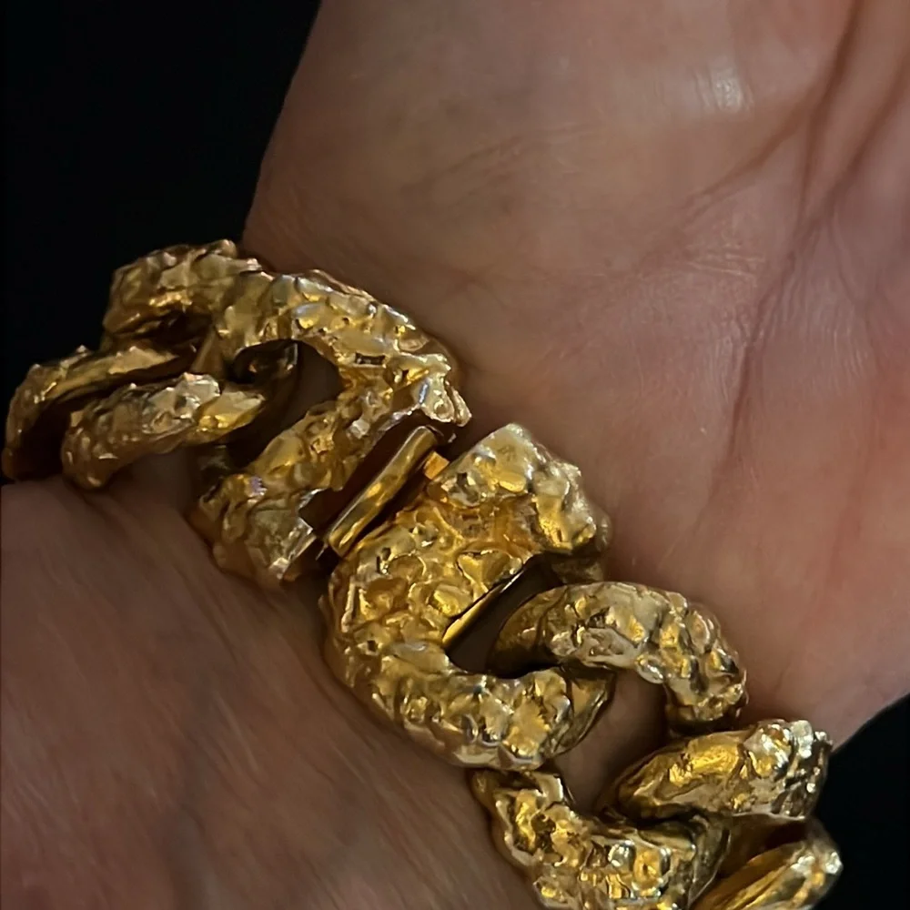 Vintage KJL Kenneth Jay Lane Chunky Gold Nugget Link Luxe Bracelet-RARE - Picture 8 of 11